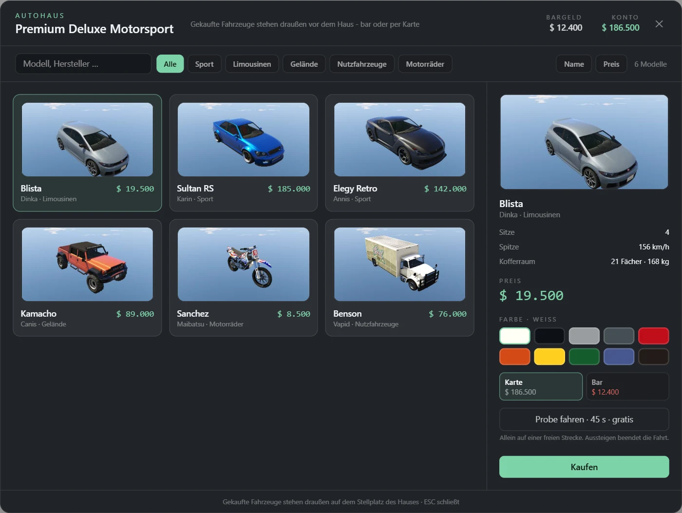 Autohaus Premium Deluxe Motorsport mit sechs Fahrzeugen, Farbwahl, Probefahrt und Bezahlung bar oder mit Karte