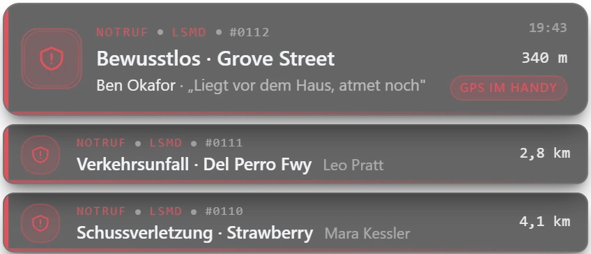 Leitstelle des LSMD mit drei Notrufen, oben: Bewusstlos in der Grove Street, 340 Meter entfernt
