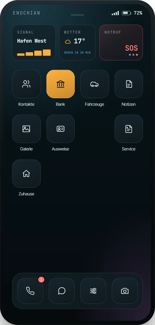 Handy im Spiel mit Enochian OS: Signal, Wetter, Notruf und Apps
