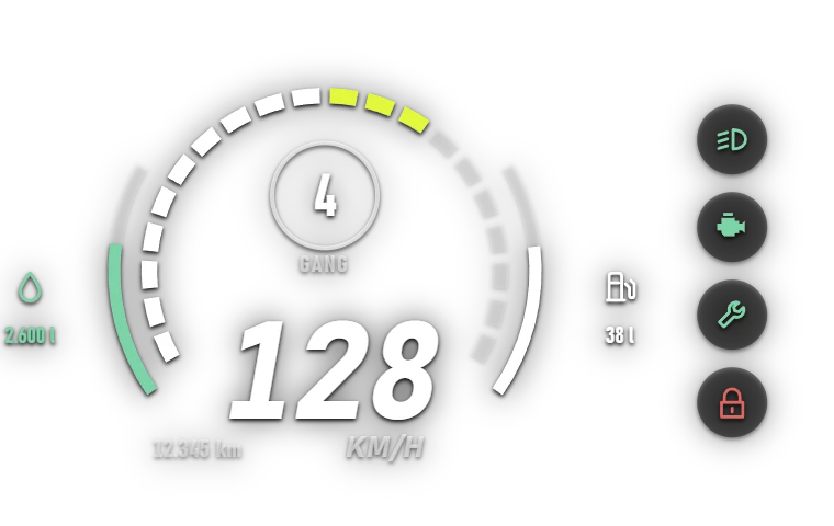 Rundinstrument: 128 km/h im vierten Gang, 38 Liter im Tank