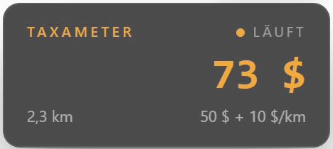 Taxameter im Spiel: Fahrt läuft, 2,3 km, 73 Dollar